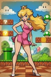 1girl 1girls blond blond_hair blonde-haired_female blonde_female blonde_hair_female blue_eyes detailed_background dress high_heels legs long_hair nhoeskape nintendo outdoors outside pink_dress princess_peach short_dress skimpy skimpy_clothes skimpy_dress skimpy_outfit standing super_mario_bros. twitter video_game_background video_game_character video_game_franchise video_games