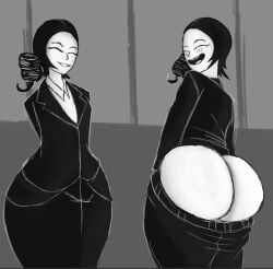 1girls bare_ass blush closed_eyes clothed_female imscared mooning pale-skinned_female restorer_(imscared) showing_ass