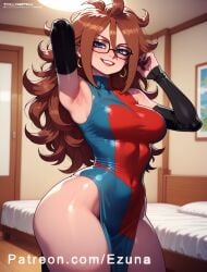 ai_generated android_21 android_21_(human) armpits arms_behind_head big_ass big_breasts big_butt big_thighs blue_eyes blush brown_hair dragon_ball dragon_ball_z ezuna glasses huge_ass huge_breasts huge_butt huge_thighs wanuze wide_hips