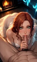 1boy 1girls ai_generated ass blowjob breasts cd_projekt_red cum cum_in_mouth fellatio female fireplace green_eyes kneeling_oral_position light-skinned_female light-skinned_male light_skin lingerie looking_at_viewer male mascara nightie oral oral_penetration oral_sex penis penis_grab red_hair sucking_penis the_witcher_(series) the_witcher_3:_wild_hunt transparent_clothing triss_merigold