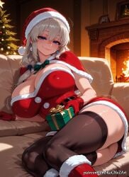1girl 2026 ai_generated anime bangs black_thighhighs blue_eyes blush boobs boots box breasts capelet christmas christmas_tree cleavage couch covered_nipples crossover dress earrings eye_contact female female_focus fireplace flushed fur_trim gift gift_box gloves grey_hair handwear hat highres holding huge_breasts indoors inside jewelry large_breasts long_hair looking_at_viewer lying mature_female nsfw on_couch on_side patreon red_dress red_footwear red_gloves rognezart santa_costume santa_hat smile smiling solo thick_thighs thighhighs thighs uzaki-chan_wa_asobitai! uzaki_tsuki very_long_hair