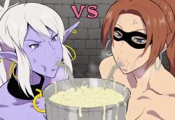 2girls ai_generated brown_hair bucket bustybunz commentary_request cum cum_drinking drinking gabrielle_(swegabe) gokkun huge_breasts pointy_ears purple_skin semen shortstack syx tagme text thick_cum white_hair