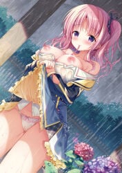 1girl absurdres black_jacket blue_skirt blush bow bow_panties breasts breasts_out cameltoe clothes_lift cloud cloudy_sky cowboy_shot crotch_seam day dress_shirt dripping dutch_angle fence flower frilled_skirt frills frown hair_ornament hair_scrunchie hanahanamaki highres hydrangea izumi_kaori_(twinbox) jacket large_breasts lifting_own_clothes long_hair long_sleeves looking_at_viewer melonbooks nail_polish neck_ribbon nipple_indents nipples no_bra one_side_up open_clothes open_jacket open_shirt original outdoors own_hands_together panties parted_bangs parted_lips pink_hair pink_nails pink_ribbon purple_eyes rain ribbon school_uniform scrunchie see-through_clothes shirt skirt skirt_lift sky solo sousouman sweater_vest thighs twinbox_school underwear upskirt wavy_mouth wet wet_clothes wet_hair white_panties white_shirt wing_collar