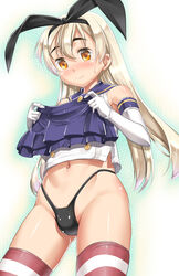 1boy black_panties blonde_hair blush bulge closed_mouth detached_sleeves elbow_gloves genderswap_(ftm) gloves hairband holding holding_skirt kantai_collection navel nose_blush panties red_legwear rule_63 shimakaze_(kantai_collection) shiny shiny_skin simple_background skirt skirt_removed sleeveless sleeveless_shirt solo standing striped striped_legwear sweat takase_yuu thighhighs trap underwear white_background white_gloves white_legwear white_sleeves