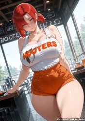 1girl ai_assisted ai_generated bangs bare_shoulders blue_eyes blush boudica_(fate) boudica_(fate/grand_order) breasts cleavage clothes_writing collarbone curvaceous curvy curvy_female curvy_figure employee_uniform fate/grand_order fate_(series) female hooters hooters_uniform indoors large_breasts looking_at_viewer miyuai name_tag no_legwear orange_shorts ponytail red_hair shirt short_hair short_ponytail short_shorts shorts smile solo table tank_top thick thick_ass thick_butt thick_hips thick_legs thick_thighs thighs tray voluptuous voluptuous_female waitress wide_hips wide_thighs