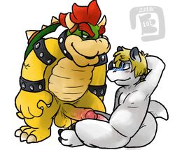 3_toes 4_fingers anthro balls bara blonde_hair blue_eyes bowser bowserboy101 claws collar dragon frottage hair hand_behind_head humanoid_penis koopa male mario_(series) nintendo partially_retracted_foreskin penis red_hair scales scalie sex shell simple_background sitting spiked_armlet spiked_collar spikes tattoo toes uncut video_games white_background white_scales yaoi yellow_scales