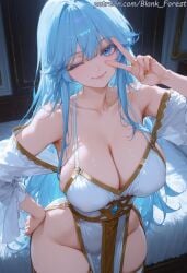 1girl ;) ai_generated bangs bare_shoulders blank_forest blue_eyes blue_hair blush breasts cleavage closed_mouth collarbone detached_sleeves dress elfaria_albis_serfort eyebrows_visible_through_hair hand_on_hip hanging_breasts huge_breasts indoors large_breasts leaning_forward long_hair looking_at_viewer no_panties one_eye_closed pelvic_curtain sidelocks smile solo thighhighs thighs tsue_to_tsurugi_no_wistoria v very_long_hair wading white_legwear wide_sleeves wistoria:_wand_and_sword