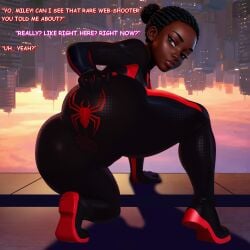 1girls 2boys 2d anus_outline artist_name ass ass_focus asshole_peek bestorifice big_ass big_breasts big_thighs bra breasts brorifice cheerleader cheerleader_uniform color colored colored_text dark-skinned_female dark_skin dialogue english_text female genderswap genderswap_(mtf) hairy_pussy heroine highres horny_female male marvel marvel_comics miles_morales new_york panties peter_parker presenting_ass presenting_hindquarters pussy romantic rule_63 school_uniform speech_bubble spider-man spider-man:_across_the_spider-verse spider-man:_into_the_spider-verse spider-man_(series) spider_girl text thebrorifice younger_female