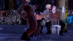 1girls 3boys 3d animated blonde_hair blue_eyes bound bound_wrists clothed clothed_sex collar from_behind garter_straps large_breasts leash leash_and_collar leash_pull leashed_collar mask masked masked_female ozisan panties_aside rape restrained standing standing_sex tagme thighhighs ugly_bastard video