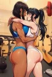 2girls ai_generated arm_around_shoulder arm_around_waist arms_around_neck ass asymmetrical_docking black_hair blue_eyes blue_sports_bra blurry_background blush bra breast-to-breast breast_press breasts brown_hair buruma closed_mouth clothing cowboy_shot dark-skinned_female dark_skin earrings eye_contact face-to-face facial_tattoo female from_side green_eyes gym height_difference high_ponytail hoop_earrings hug indoors interracial jewelry large_breasts lips long_hair looking_at_another multiple_girls muscular muscular_female original_character overwatch panties pharah ponytail short_hair sidelocks smile sports_bikini sports_bra sportswear standing sweatband symmetrical_docking tattoo thighs thong toned underwear white_sports_bra wristband yuri