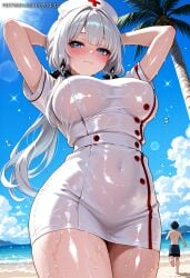 1boy 1girl ai_generated arms_behind_head arms_up astra_yao bangs beach blue_eyes blue_sky blush breasts closed_mouth cloud covered_navel day dress hair_ribbon hat large_breasts long_hair looking_at_viewer male_swimwear mole nurse nurse_cap outdoors palm_tree renalia ribbon short_sleeves sky smile solo_focus swim_trunks thighs tree tress_ribbon water wet wet_clothes white_dress white_hair white_headwear zenless_zone_zero