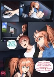 bedroom blue_eyes brother_complex comic computer english_text fanart jack_knight_(n647) neet orange_hair pigtails rose_drake_(n647) vanille_dagoat