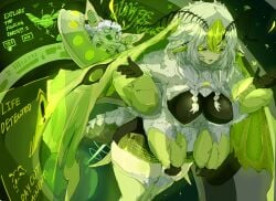 1girl 1girls abdomen_tail absurdres antennae arthropod_girl big_breasts black_leotard black_sclera braid breasts colored_sclera colored_skin commentary curvy english_commentary english_text extra_arms female green_eyes green_hair green_skin green_wings hair_between_eyes highres indie_virtual_youtuber insect_girl insect_wings juniper_actias large_breasts leotard looking_at_viewer monster_girl moth_antennae moth_girl moth_wings multicolored_hair open_mouth pointy_ears sharp_teeth shrugzilla solo standing teeth thick thick_thighs thighs tits twin_braids ufo virtual_youtuber vtuber white_hair wide_hips wings