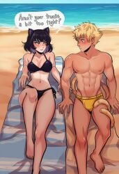 1boy 1girl abs ai_generated animal_ears barefoot beach beach_towel bikini black_bikini black_hair blake_belladonna blonde_hair blue_eyes blush breasts bulge cat_ears cat_girl cleavage clothing collarbone day english_text eyeshadow faunus female hetero large_breasts looking_at_another lying makeup male male_swimwear medium_breasts monkey_boy monkey_tail muscular navel nipples ocean on_back outdoors prehensile_tail rwby sand seaside short_hair side-tie_bikini_bottom sitting speech_bubble sun_wukong_(rwby) swim_briefs swimsuit tail tail_wrap tan tanlines topless_male towel water yellow_eyes