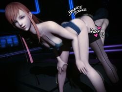 2girls 3d ass_to_ass black_hair black_hair_female blue_eyes booty_shorts final_fantasy final_fantasy_xiv gaia_(ffxiv) gpose_(ffxiv) hands_on_knees iriserretxiv onomatopoeia pale-skinned_female red_hair red_hair_female ryne_waters sfx shaking_ass stockings tank_top twerking yuri