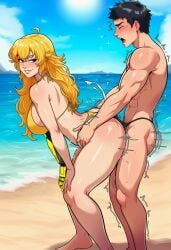 1boy 1girl abs ahoge ai_generated anal ass barefoot beach bent_over bikini black_hair black_male_swimwear blonde_hair blue_sky blush breasts closed_eyes clothing cloud cum day ejaculation female from_side grin hands_on_another's_hips hetero large_breasts long_hair male male_swimwear mechanical_arms muscular ocean open_mouth outdoors prosthesis prosthetic_arm purple_eyes rwby sand shiny_skin short_hair single_mechanical_arm sky smile standing standing_sex strap-on sun sweat swimsuit taken_from_behind topless_male torso_grab trembling water wavy_hair yang_xiao_long yellow_bikini