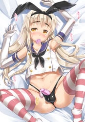 1boy bare_shoulders black_panties blonde_hair blush bulge collarbone condom condom_in_mouth cum elbow_gloves eyebrows_visible_through_hair genderswap_(ftm) gloves kantai_collection long_hair lying male_focus mouth_hold navel on_back panties penis rule_63 shimakaze_(kantai_collection) sleeveless sleeveless_shirt solo solo_male spread_arms spread_legs striped striped_legwear takase_yuu thighhighs underwear white_gloves white_shirt