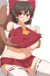 1boy 1girl ascot bare_shoulders black_hair blush bow breasts commentary_request covered_nipples curvy groin groping hair_bow hair_tubes hakurei_reimu heart heart-shaped_pupils hetero huge_breasts hypnosis microskirt mind_control navel open_mouth red_bow red_eyes red_skirt ribbon-trimmed_sleeves ribbon_trim short_hair sidelocks simple_background sitting skirt solo_focus sweat symbol-shaped_pupils textless_version thighhighs touhou variant_set white_background white_thighhighs yamaori yellow_ascot