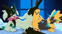 2026 2girls ai_generated anthro anthro_on_anthro bed bedroom bedroom_sex black_fur blue_eyes blushing clenched_teeth dark_room digitigrade duo feline female female/female female_on_female female_only flat_chest generation_7_pokemon generation_9_pokemon green_fur half-closed_eyes hi_res indoors innie_pussy legs_up lesbian_sex looking_at_genitalia looking_at_partner meowscarada night nintendo nipples nude nude_female on_bed on_side open_mouth pink_eyes pink_nipples pleasure_face pokemon pokemon_(species) pussy pussy_juice pussy_on_pussy raised_leg rolling_eyes rubbing_pussy scissoring sex slit_pupils spread_legs sweatdrop thrusting tribadism wet_pussy yellow_fur yuri zeraora zonoya_(artist)