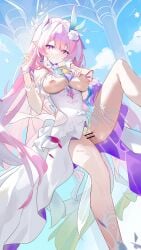 1girl absurdres bar_censor blue_sky breasts breasts_out censored cleft_of_venus commentary_request cyrene_(demiurge)_(honkai:_star_rail) cyrene_(honkai:_star_rail) dai_gua_shen_e dated_commentary dress flower hair_flower hair_ornament heart heart-shaped_pupils highres honkai:_star_rail honkai_(series) long_hair medium_breasts nipples no_panties pink_hair pointy_ears purple_eyes pussy pussy_juice sky smile solo symbol-shaped_pupils thighs very_long_hair white_dress