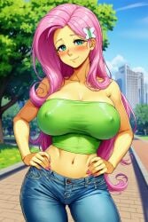 1girls ai_generated big_breasts breasts city city_background cityscape cleavage contrapposto day daytime equestria_girls erect_nipples female female_only fluttershy_(eg) fluttershy_(mlp) friendship_is_magic hair_ornament hands_on_hips hasbro jeans large_breasts looking_at_viewer my_little_pony nai_diffusion nail_polish navel nipple_bulge novelai outdoors pink_nail_polish pink_nails smile smiling solo solo_female stable_diffusion tube_top