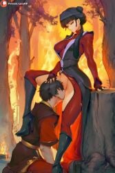 1boy 1girl 1girls ai_generated avatar_the_last_airbender black_hair cunnilingus dominant dominant_female female femdom fire forest kneeling looking looking_at_another looking_down lucakp mai_(avatar) male one_leg_up pantyhose patreon patreon_link patreon_logo patreon_reward patreon_url patreon_username ripped_pantyhose sitting smirk smirking tagme zuko