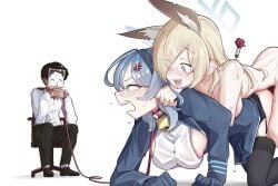 1boy 2girls 743_(743rd_bat) @_@ ako_(blue_archive) anger_vein animal_ear_fluff animal_ears bdsm bell black_pants black_shoes blonde_hair blue_archive blue_eyes blue_gloves blue_hair blue_halo breasts chair commentary cowbell dog_ears dog_girl doggystyle doodle_sensei_(blue_archive) emaciated futa_with_female futanari gloves halo holding holding_leash invisible_floor kanna_(blue_archive) large_breasts leash long_hair long_sleeves looking_at_another multiple_girls neck_bell nude office_chair open_mouth pants paper_on_head sadism saliva sensei_(blue_archive) sex sex_from_behind sharp_teeth shirt shoes sideboob simple_background sitting skinny smile socks swivel_chair teeth tongue tongue_out tranquilizer_dart untranslatable_commentary upper_teeth_only white_background white_shirt white_socks