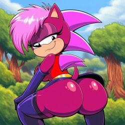 1girls ai_generated ass big_ass big_butt bubble_ass bubble_butt butt clothed clothed_female hand_on_knee looking_back magenta_fur motion_lines novelai outdoors outside pink_hair smug smug_face smug_smile solo solo_female sonia_the_hedgehog sonic_(series) sonic_the_hedgehog_(series) sonic_underground tail twerking