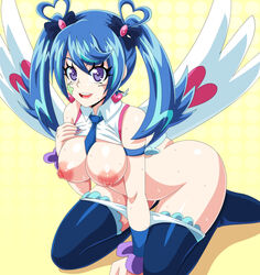 areolae blue_angel blue_eyes blue_hair breasts female lewdamone long_hair medium_breasts nipples no_bra panty_pull shirt_pull thighhighs twintails yu-gi-oh! yuu-gi-ou_vrains zaizen_aoi