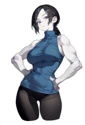 1girls ai_generated bare_arms bare_shoulders black_hair black_pants blue_eyes blue_sweater breasts closed_mouth clothing colored_skin cropped_legs eatsleep1111 female hands_on_own_hips large_breasts long_hair looking_at_viewer muscular muscular_female pale_skin pants pantyhose ponytail ribbed_sweater simple_background sleeveless sleeveless_sweater sleeveless_turtleneck solo sweater thigh_gap tight_clothes turtleneck turtleneck_sweater white_background white_skin wii_fit wii_fit_trainer wii_fit_trainer_(female)