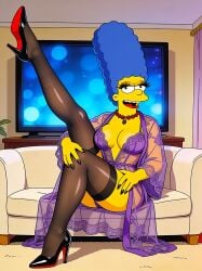 1girls ai_generated breasts female_only high_heels looking_at_viewer marge_simpson negligee ready_for_sex stockings the_simpsons thighs