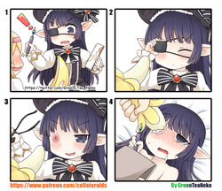 ! 2girls 4koma :d absurdres artist_name banana black_neckwear blush bow bowtie clitoris comedy comic commentary_request djeeta_(granblue_fantasy) drooling empty_eyes eye_fucking eyebrows_visible_through_hair eyepatch faceless food food_insertion fruit funny granblue_fantasy greenteaneko harvin hat headband highres holding humor long_sleeves lunalu_(granblue_fantasy) mongirl_4koma multiple_girls numbered_panels object_insertion one_eye_covered open_mouth patreon_username pen pointy_ears purple_eyes purple_hair pussy saliva smile sweatdrop torogao twitter_username vaginal_object_insertion vaginal_penetration watermark web_address what yuri