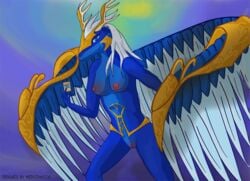 antlers blue_eyes breasts card clothing dragon feathered_dragon feathers female hair horn loincloth looking_at_viewer mercrantos nipples pussy saffira_queen_of_dragons white_hair wings yu-gi-oh!