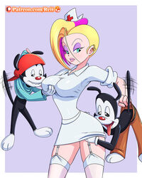 1girls 2boys animaniacs biting_lip blonde_hair blue_eyes breast_grab clothed earrings eyeshadow female garter_straps male nurse oc original_character pink_hair reit roxy_(reit) stockings two_tone_hair wakko_warner yakko_warner