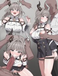 1boy 1girl absurdres asymmetrical_horns black_hair black_horns blush breasts closed_mouth commentary_request cum cum_in_mouth cum_overflow erection fellatio female_masturbation fingering grabbing_another's_breast groping haembeogeokseu hetero highres holding_another's_horns horns irrumatio korean_commentary large_breasts long_hair masturbation mismatched_horns multiple_views nipples oral original penis shirt solo_focus thigh_strap uncensored white_horns white_shirt