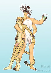 anthro antlers beverage biscuits cervine cheetah feline horn humanoid_penis jewelry male mammal multi_arm multi_limb necklace penis piercing plantigrade standing tavros yaoi