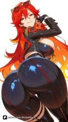 1girl ai_generated artist_name ass ass_focus bangs black_gloves bodysuit boots breasts earrings eyewear_on_head fingerless_gloves from_behind genshin_impact gloves grin hair_between_eyes hoyoverse jacket jewelry large_breasts leather long_hair looking_at_viewer looking_back mavuika_(genshin_impact) mihoyo multicolored_hair orange_hair patreon questionable red_eyes red_hair senpai_pixels simple_background smile solo sunglasses sweat thigh_boots two-tone_hair wet white_background zipper zipper_pull_tab