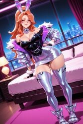 1girl ai_generated animal_ears bare_shoulders breasts bunny_ears cleavage earrings gloves hand_on_hip hi_res high_heel_boots high_heels high_quality high_resolution indoors jewelry kiraamane large_breasts league_of_legends lipstick long_hair looking_at_viewer makeup miss_fortune patreon purple_eyes seductive sexy smile solo thighhighs uncensored watermark window