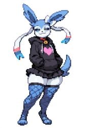 1boy ai_generated collar eyeshadow femboy fishnet_legwear fishnets heart_print pixel pixel_art pokemon pokemon_(species) shiny_sylveon simple_background skirt smug solo sweater sylveon thighhighs