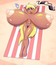 1girls areolae bikini blonde_hair booby_quest breasts breasts_bigger_than_head closed_eyes commander_vanilla_(drshanks24) dark-skinned_female dark_skin drshanks24 enormous_breasts female female_only gigantic_breasts hi_res hyper_breasts large_areolae long_hair lying lying_on_back micro_bikini puffy_areola skimpy skimpy_bikini skimpy_clothes solo sunbathing thick_thighs very_high_resolution wide_hips