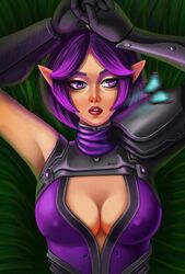 1girls 2d armpits big_nipples elf female female_only hands_behind_head laying_back nipples outfit paladins purple_eyes purple_hair skye_(paladins) solo twilight_skye