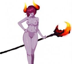 1girls ai_assisted breasts demon_horns female female_only hair_over_eyes necromancer_(soul_knight) nude nude_female red_hair soul_knight staff