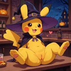 ai_generated female frosting.ai halloween halloween_costume halloween_theme hearts pikachu pokemon_(species) pumpkin pumpkins pussy sexy smiling solo solo_female spreading_legs witch_hat yellow_body