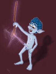 1boy 2021 balls blue_hair blue_skin blush brown_hair curly_hair disney elf foreskin freckles ian_lightfoot magic male male_only onward_(2020) penis pixar simple_background solo spell staff surprised uncircumcised whereswill