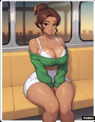 ai_generated ass big_ass big_breasts big_butt big_nipples big_thighs breasts female green_sweater huge_ass huge_breasts huge_butt huge_thighs miniskirt n_1611 public public_exposure public_nudity thick thick_ass thick_butt thick_hips thick_legs thick_lips thick_thighs train train_interior white_bra white_skirt