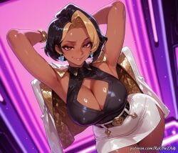 1girl 2026 ai_generated anime armpits arms_behind_head arms_up belt black_hair black_shirt blizzard_entertainment blonde_hair boobs bracelet breasts brown_eyes cleavage cleavage_cutout closed_mouth clothing_cutout covered_nipples crossover dark-skinned_female dark_skin domina_(overwatch) earrings eye_contact female female_focus heart heart-shaped_pupils highres huge_breasts jacket jacket_on_shoulders jewelry large_breasts looking_at_viewer multicolored_hair neutral_expression nsfw overwatch patreon rognezart shiny shiny_skin shirt short_hair skirt sleeveless smile smiling solo sweat sweaty symbol-shaped_pupils two-tone_hair white_jacket white_skirt