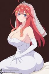 1female 1girl 1girls 2026 ahoge ai_generated artist_name ass bangs bare_shoulders big_ass big_breasts blue_eyes blush breasts bridal_veil cleavage closed_mouth curvy dress elbow_gloves gloves go-toubun_no_hanayome hair_ornament hi_res high_quality high_resolution highres huge_ass huge_breasts large_breasts long_hair looking_at_viewer nakano_itsuki patreon patreon_username red_hair sitting smile solo star_(symbol) star_hair_ornament strapless strapless_dress the_quintessential_quintuplets tiara unjobdespiert veil watermark wedding_dress white_dress white_gloves
