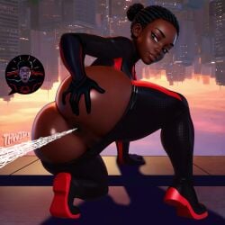 1girls 2boys 2d anus_outline ass ass_focus asshole_peek bestorifice big_ass big_breasts big_thighs brorifice color colored colored_text dark-skinned_female dark_skin dialogue english_text female genderswap genderswap_(mtf) heroine highres male marvel marvel_comics miles_morales new_york peter_parker presenting_ass presenting_hindquarters rule_63 spider-man spider-man:_across_the_spider-verse spider-man:_into_the_spider-verse spider-man_(series) spider_girl text thebrorifice