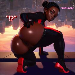 1girls 2boys 2d anus_outline ass ass_focus asshole_peek bestorifice big_ass big_breasts big_thighs brorifice color colored colored_text dark-skinned_female dark_skin dialogue english_text female genderswap genderswap_(mtf) heroine highres male marvel marvel_comics miles_morales new_york peter_parker presenting_ass presenting_hindquarters rule_63 spider-man spider-man:_across_the_spider-verse spider-man:_into_the_spider-verse spider-man_(series) spider_girl text thebrorifice