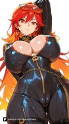 1girl ai_generated arm_behind_head arm_up arms_behind_back artist_name bangs black_bodysuit bodysuit breasts cameltoe center_opening cleavage covered_nipples earrings eyewear_on_head genshin_impact hair_between_eyes hoyoverse huge_breasts jewelry large_breasts long_hair looking_at_viewer mavuika_(genshin_impact) mihoyo multicolored_hair orange_eyes orange_hair parted_lips patreon questionable red_hair senpai_pixels simple_background smile solo sunglasses sweat wet white_background zipper zipper_pull_tab